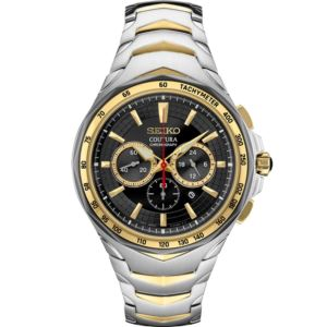 Seiko Coutura Tt Quartz Chronograph Black Dial W/Gold Accents, Red Sweep, Ss Bracelet (AS7OD)