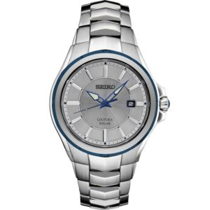 Seiko Coutura Solar, Ss Bracelet, Blue Bezel Accent, Silver Tectured Dial (7JW9P)