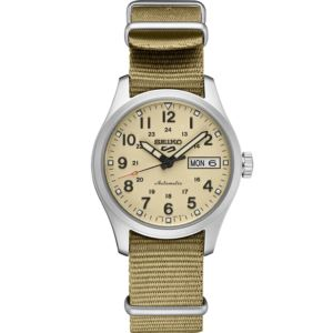 Seiko 5 Sports Ss Automatic Beige Dial Mid-Size, Field Style, Dark Khaki Fabric Nato Strap (ZFLQG)