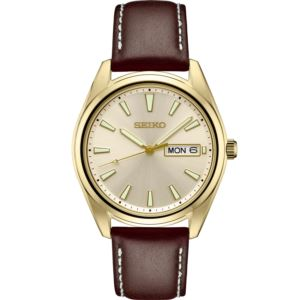 Seiko Mens Essential Champagne Dial, Brown Leather Strap, Day/Date (P4S2N)