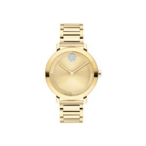 Movado Bold Evolution 2.0 Ladies. Gold Ip Case. Gold Dial W/Crystals. Gold Ip Bracelet. (QK4OK)