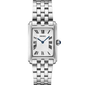 Seiko Essentials Ss Quartz White Dial, Rectangle Case, Blue Sweep Accent, Roman Numerals (RD5IG)