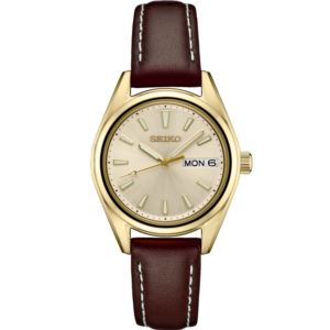 Seiko Ladies Essential Champagne Dial And Case, Brown Leather Top-Stitched Strap (0JSZB)