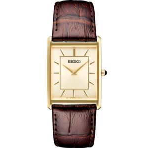 Seiko Mens Essential Rectangle Champagne Dial, Brown Moc-Croc Leather Strap (9KQ13)