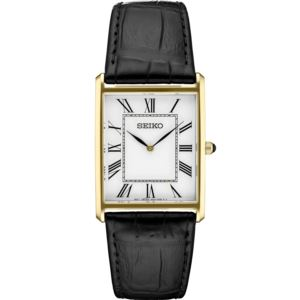 Seiko Mens Essential White Dial, Gold Bezel, Rectangle Case, Roman Numerals, Leather Strap (TFWUK)