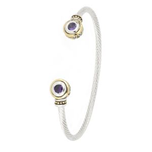 Beijos Two Stone Wire Cuff Bracelet, Amethyst Czs, 7". End Motif 3/8" Diam. (E7RLY)