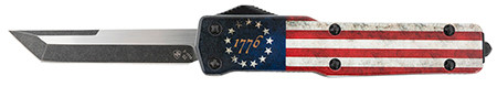 Templar Knife MZBRF221 Premium Weighted Slim 3.16" OTF Tanto Plain Black Oxide Stonewashed Powdered D2 Steel Blade/4.93" Betsy Ross Flag Aluminum Zinc Alloy Handle                                      (3A4AA)