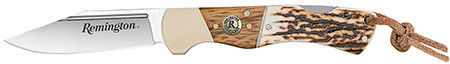 Remington Accessories 15654 Guide Lock Back 4.00" Folding V-Flat Stainless Steel Blade, Stag Bone Handle w/Remington Shield, Nickle Silver Bolsters, Includes Leather Lanyard                            (TOPIX)