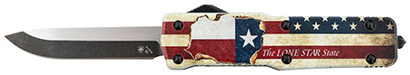 Templar Knife SZTX321 Premium Weighted Small 3" OTF Drop Point Plain Black Oxide Stonewashed Powdered D2 Steel Blade/4.50" Red/White/Blue w/"The LONE STAR State" Aluminum Zinc Alloy Handle             (D2R4A)