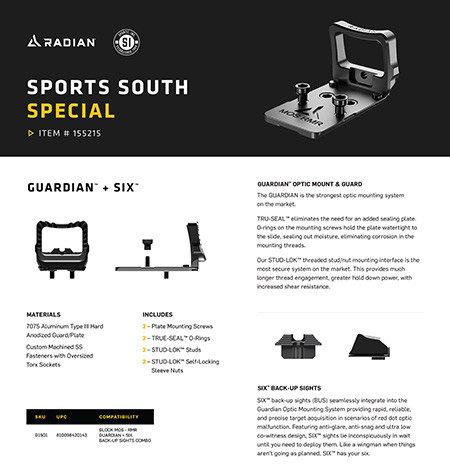 Radian Weapons G1501 Guardian+Six Optic Guard w/Stealth Sights Black Anodized Hardcoat Aluminum RMR Mount Compatible w/Glock MOS Handgun (XNX6L)