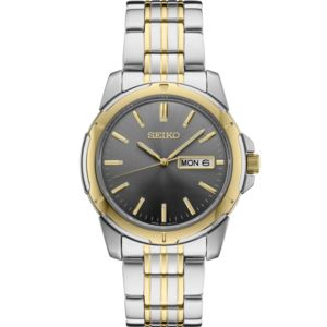 Seiko Mens Two Tone Case Charcoal Dial Day/Date Calendar, Gold Bezel, Day/Date (L3463)