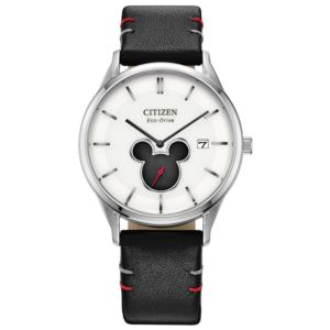 Unisex Mickey Mouse Black Leather Strap, Silver-White Dial (P6UBT)