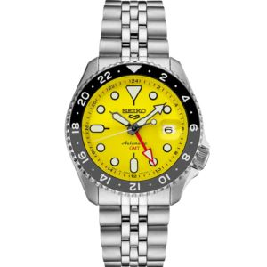 Seiko 5 Sports Ss Automatic Gmt Yellow Dial, Red Sweep, Black Bezel, Jubilee Bracelet (NQLBL)