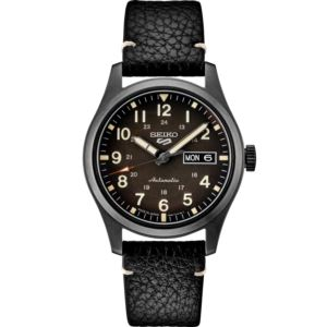 Seiko Mens Seiko 5 Sports Ss Bif Black Dial Charcoal Ss Case Field Style Black Pebble Leather Strap (TFT68)