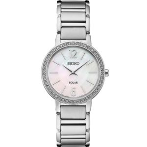 Seiko Swarovski Crystals Ss Solar Mother Of Pearl Dial, Silver Case And Bracelet (JQYRZ)