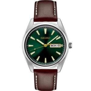 Seiko Mens Essential Ss Green Dial, Brown Leather Top-Stiched Strap, Day/Date (FWFXU)