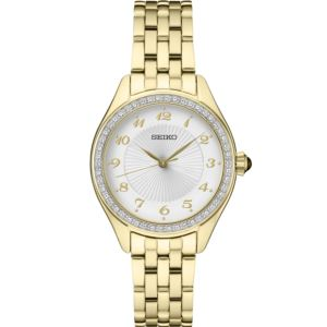 Seiko Ladies Crystal Silver Patterned, All Gold, Swarovski Crystals Bezel (9UZ7K)