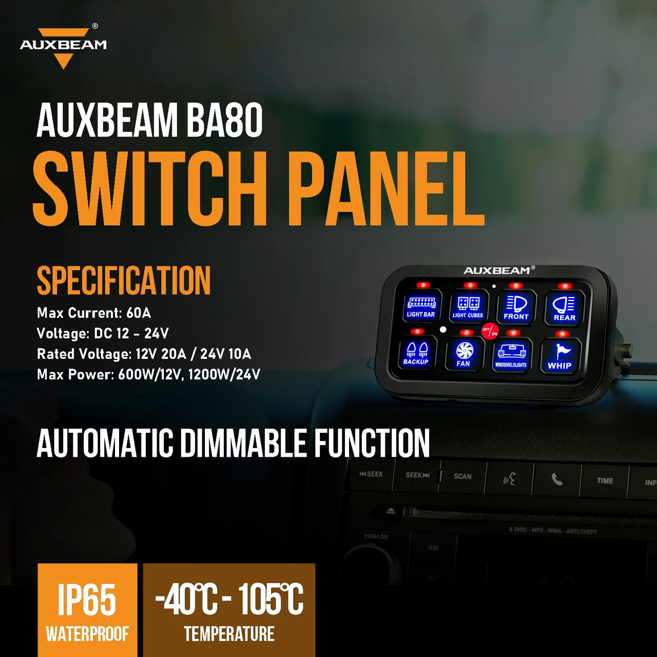 Auxbeam Switch Dimmable Universal LED Switch Panel Kit (Blue Backlight) 