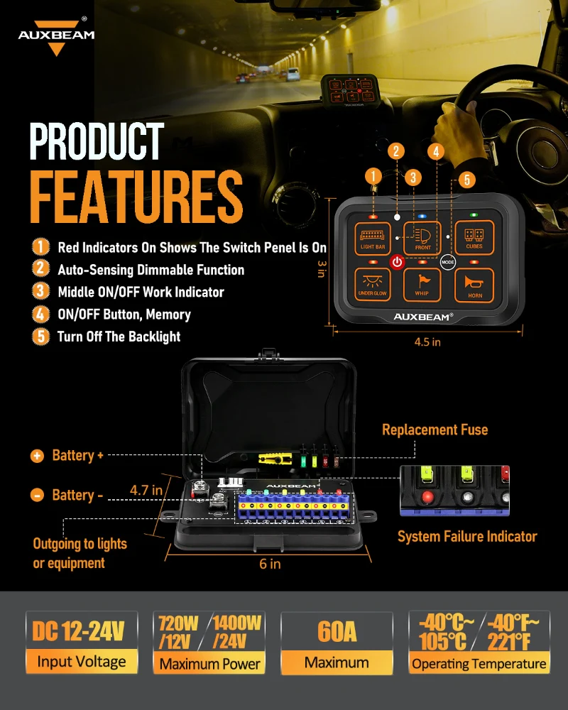 Auxbeam 6 Switch Multifunction RGB Switch Panel with Bluetooth Auxbeam 6 Switch Multifunction RGB Switch Panel with Bluetooth