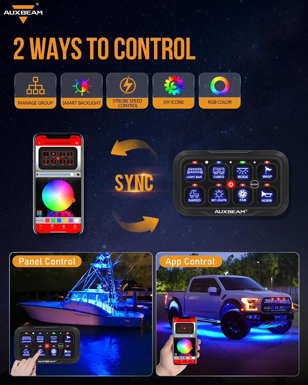 Auxbeam 8 Switch Multifunction RGB Switch Panel with Bluetooth Auxbeam 8 Switch Multifunction RGB Switch Panel with Bluetooth