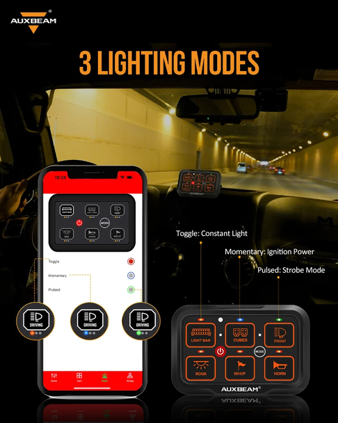 Auxbeam 6 Switch Multifunction RGB Switch Panel with Bluetooth Control (AR-800)