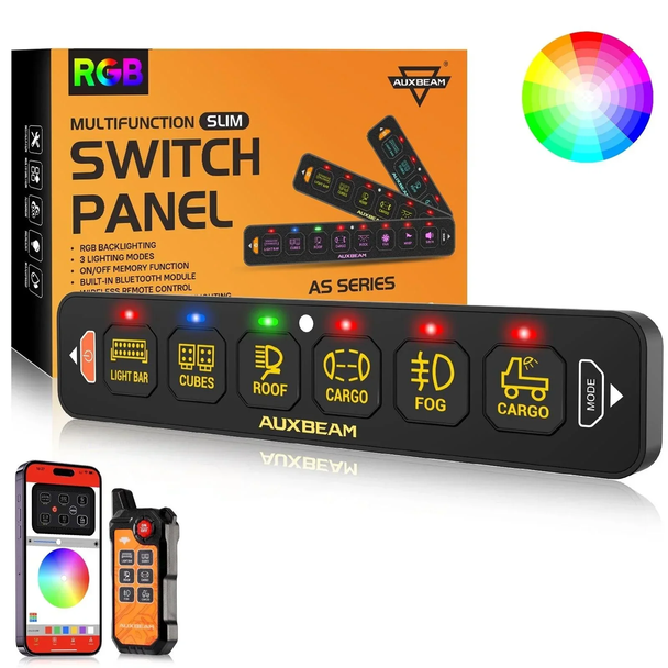 Auxbeam 6 Gang RGB Slim Switch Panel with Bluetooth Control & Wireless Remote (AS-600) Auxbeam 6 Gang RGB Slim Switch Panel with Bluetooth Control & Wireless Remote (AS-600)