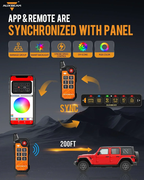 Auxbeam 6 Gang RGB Slim Switch Panel with Bluetooth Control & Wireless Remote (AS-600) Auxbeam 6 Gang RGB Slim Switch Panel with Bluetooth Control & Wireless Remote (AS-600)