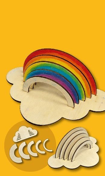 Bertie® decorate-your-own wooden rainbow on a cloud stand, shown painted and as unpainted pieces