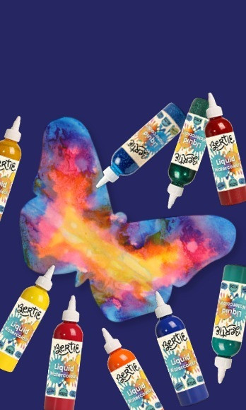 Bertie® Liquid Watercolours bottles around a butterfly painted in blended watercolours