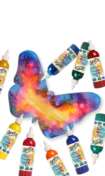 Bertie® Liquid Watercolours bottles around a butterfly painted in blended watercolours