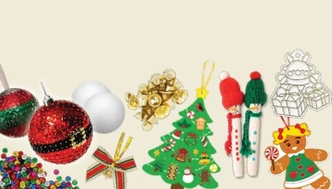 Sequinned baubles, a felt Christmas tree, pegs dressed as snowmen and a gingerbread ornament
