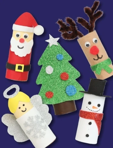 Cardboard tube characters: Santa, a reindeer, an angel, a snowman and a glitter Christmas tree