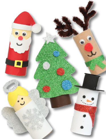 Cardboard tube characters: Santa, a reindeer, an angel, a snowman and a glitter Christmas tree