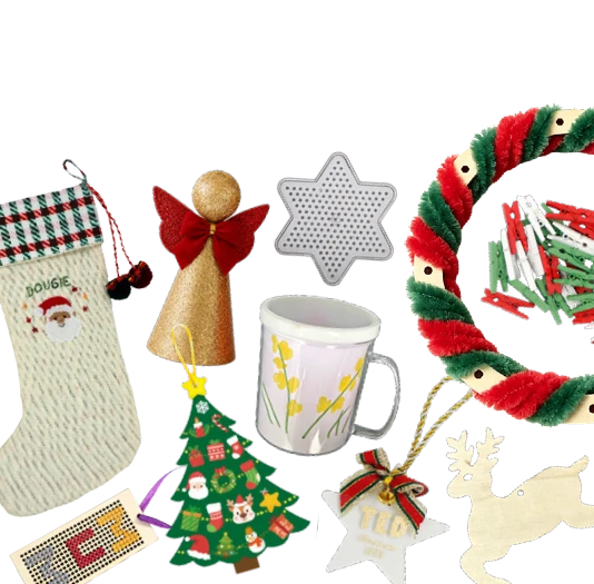 Handmade gifts including a cross-stitch stocking, a decorated mug, a pipe-cleaner wreath and wooden reindeer ornaments