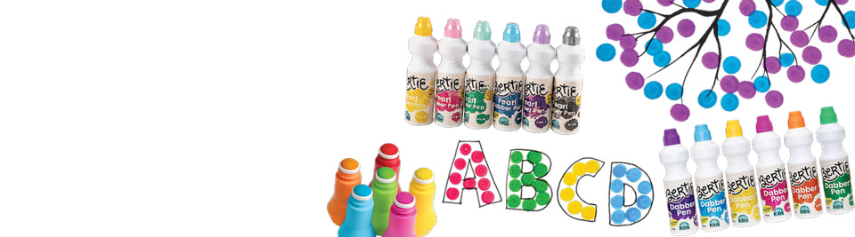 Bertie® dot paint markers with dot-painted alphabet letters and a tree of dotted blossoms
