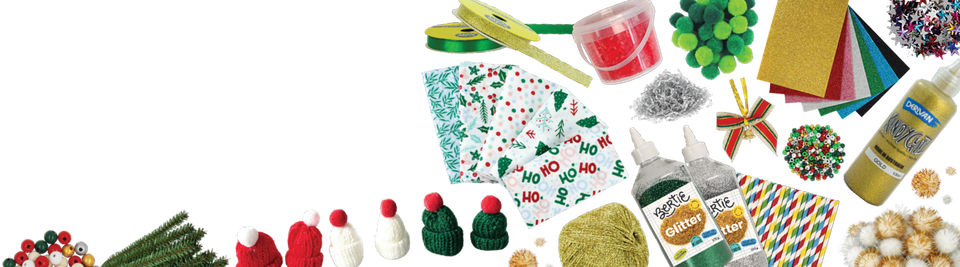 Christmas craft supplies including glitter glue, pom poms, mini beanies, ribbon, festive paper and pipe cleaners