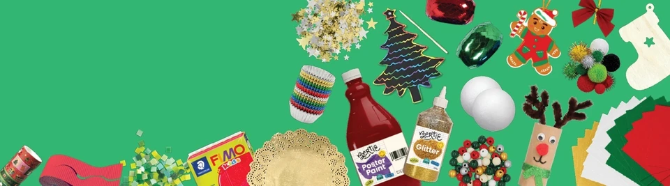 Christmas craft supplies including red poster paint, glitter, foam balls, a gingerbread ornament and a reindeer craft