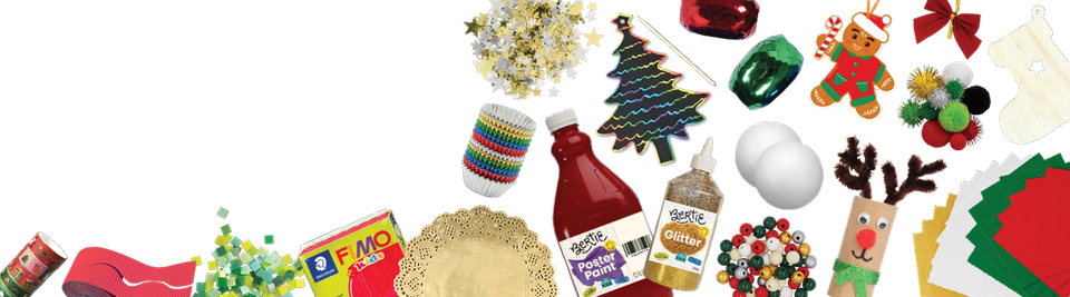 Christmas craft supplies including red poster paint, glitter, foam balls, a gingerbread ornament and a reindeer craft