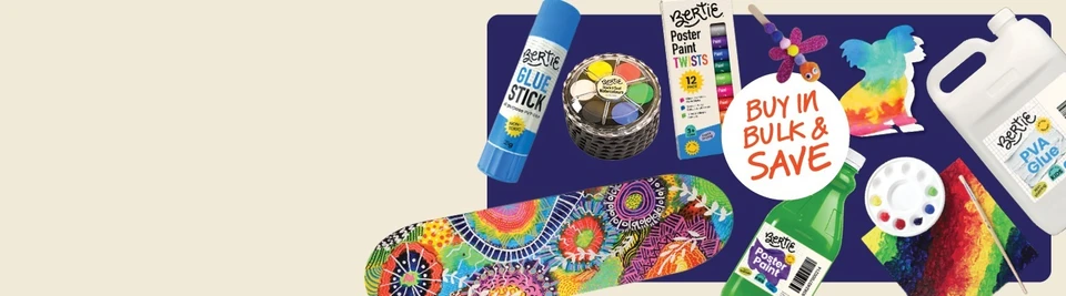 Glue sticks, poster paint, a watercolour set, PVA glue and a tie-dye painted surfboard, with a "Buy in bulk & save" badge