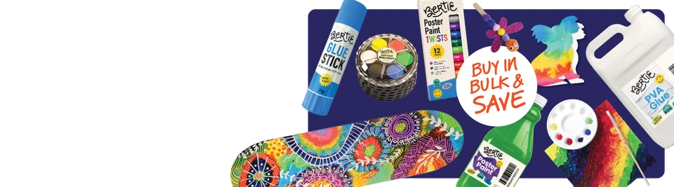 Glue sticks, poster paint, a watercolour set, PVA glue and a tie-dye painted surfboard, with a "Buy in bulk & save" badge