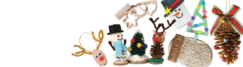 Handmade Christmas decorations made from pinecones, wood slices and popsicle sticks, including a snowman and reindeer