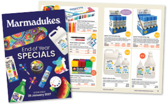 Marmadukes End of Year Specials catalogue cover with paints, glue sticks and art supplies, shown beside an open spread of discounted glue and craft products.