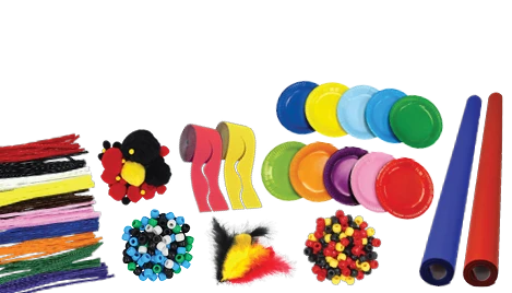 Assorted classroom craft supplies including pipe cleaners, paper plates, beads and pom poms