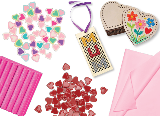 Get crafty for Mother's Day – shop the Mother's Day range, featuring heart shapes, mosaic tiles, ribbons and craft supplies on a pink background
