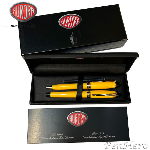 Aurora Ipsilon Yellow Fountain Pen Fine + FREE Ballpoint Pen Set