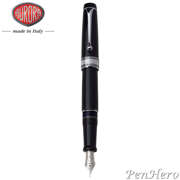 Aurora Optima Black Resin Chrome Plated Trim Fountain Pen Fine Nib