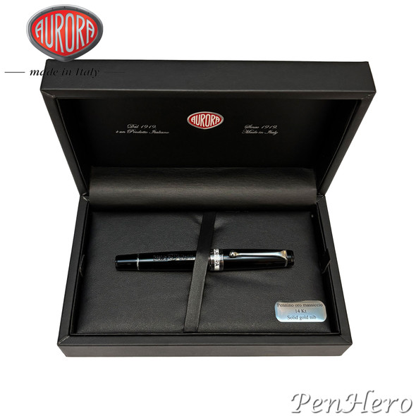 Aurora Optima Black Resin Chrome Plated Trim Fountain Pen Medium Nib