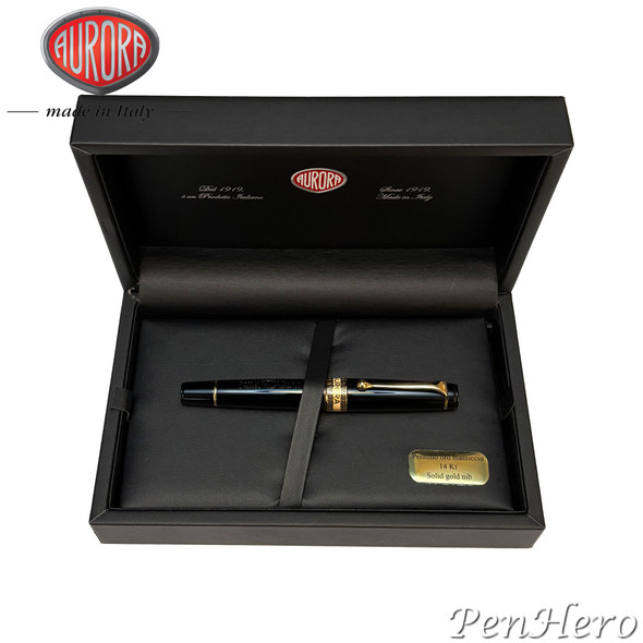 Aurora Optima Black Resin Gold Plated Trim Fountain Pen Medium Nib