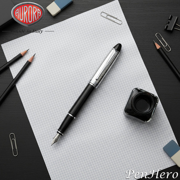 Aurora Ipsilon Quadra Sterling Silver Cap Black Resin Barrel Fountain Pen Medium Nib