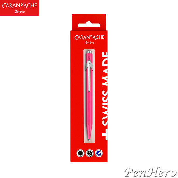 Caran d'Ache 849 Metal Fluorescent Pink Ballpoint Pen with Red Gift Box 849.690NN